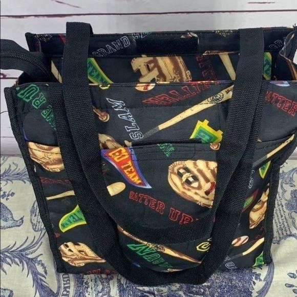 Baseball Sports Woman's Black Multi Compartments Tote Bag Purse Travel - Picture 6 of 7